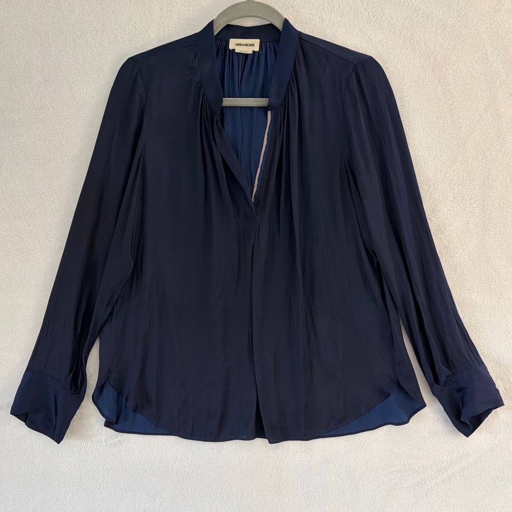 Zadig & Voltaire Women XS Tink Satin Blouse Navy Blue V-Neck Long‎ Sleeve Top
